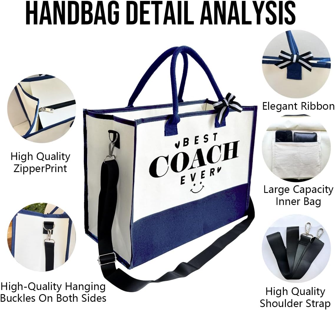 SUSZDOU Gifts for Best Coach Ever - Canvas Beach Tote Bag with Matching Makeup Pouch, Durable Travel Gym Camping Bag, Thank You Gift for Sports Coach, Female Trainers Gifts for Women C1