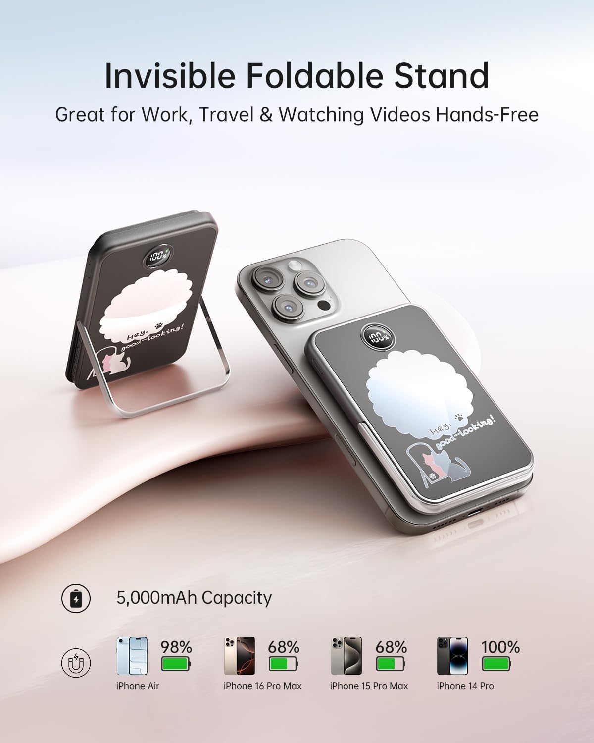 iWALK Magnetic Portable Charger 5,000mAh, Wireless Power Bank with Mirror & Foldable Stand, Ultra Slim Battery Pack with USB-C Cable, MagSafe Compatible for iPhone 17/16/16 Plus/16 Pro/15/14/13/12