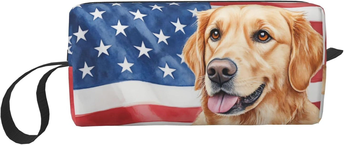 Golden Retriever American Flag Makeup Bag Small Compact & Durable Travel Cosmetic Bag Organizer Oxford Fabric Impact-Resistant Multi-Purpose Storage Perfect for Travel, Gym, Daily Use