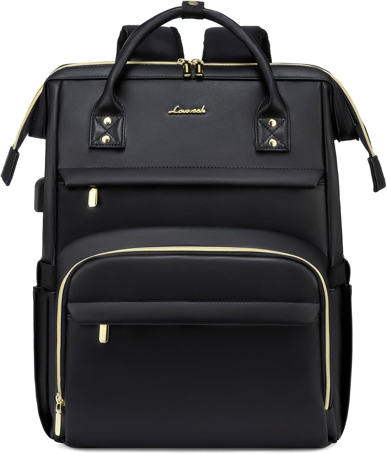 LOVEVOOK Leather Laptop Backpack for Women 15.6 inch,Travel Purse Nurse Teacher Computer Bag,Professional College Business Work Bags Carry On with USB Port,Black