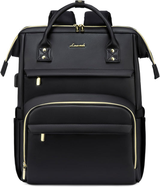 LOVEVOOK Leather Laptop Backpack for Women 15.6 inch,Travel Purse Nurse Teacher Computer Bag,Professional College Business Work Bags Carry On with USB Port,Black