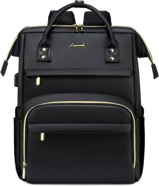LOVEVOOK Leather Laptop Backpack for Women 17 inch,Travel Backpack Purse Nurse Teacher Backpack Computer Laptop Bag,Professional College Business Work Bags Carry On Backpack with USB Port,Black