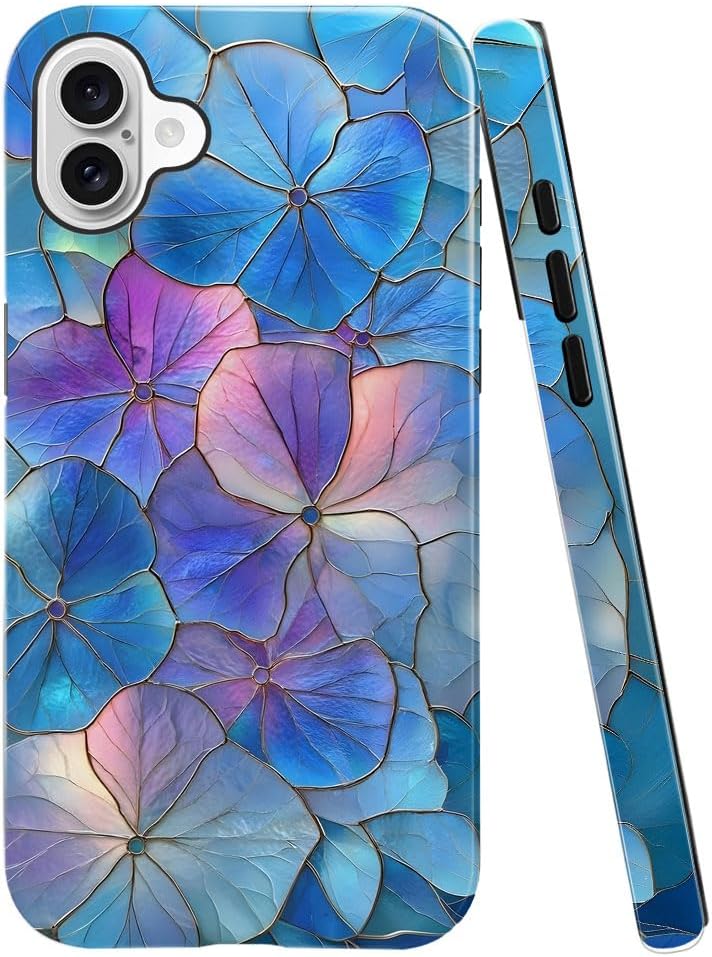 Case for iPhone 16 - Slim Fit Anti-Scratch Phone Case for Girl Women - Blue Hydrangea Floral Stained Glass Aesthetic (Glossy)