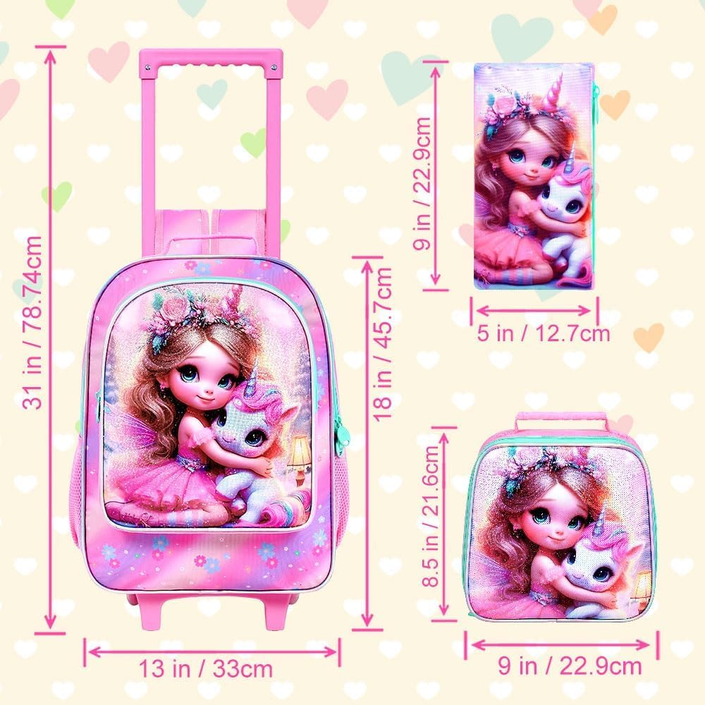 3PCS Rolling Backpack for Girls and Boys, Kids Roller Wheels Bookbag, Wheeled Elementary School Bag with Lunch Bag