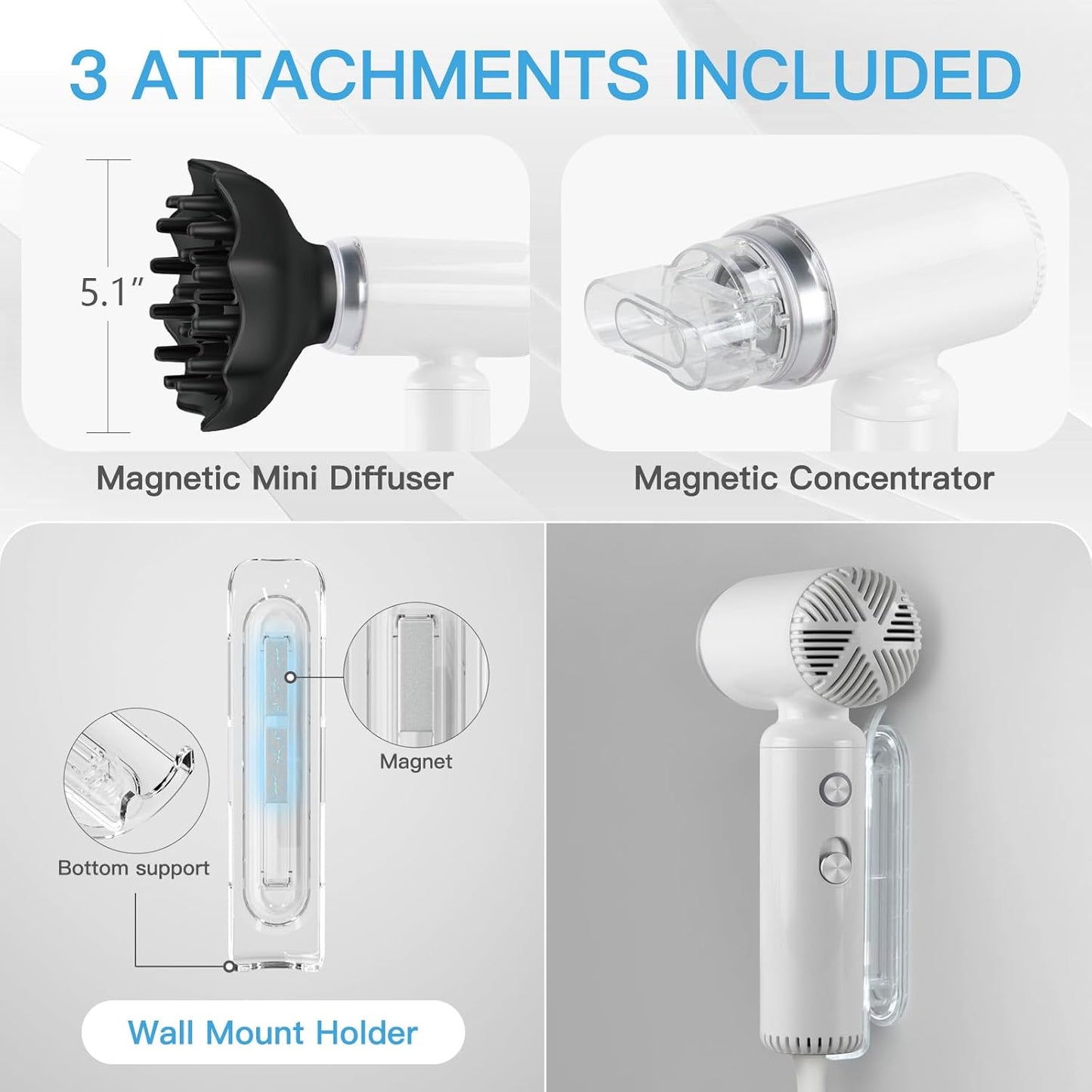 Hair Dryer, Travel Portable [Super Mini] High-Speed Ionic Blow Dryer with Magnetic Diffuser, 200 Million Negative Ions, 110,000RPM Brushless Motor for Home Salon Fast Drying Compact Lightweight, White