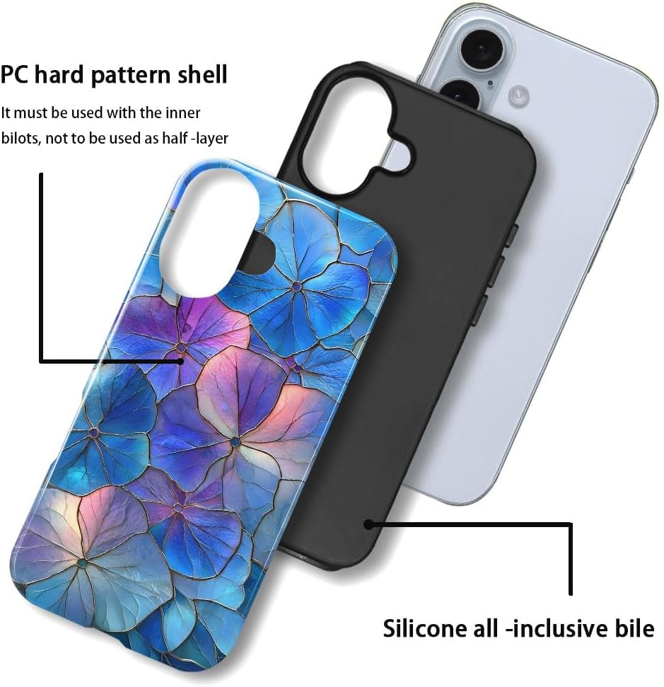 Case for iPhone 16 - Slim Fit Anti-Scratch Phone Case for Girl Women - Blue Hydrangea Floral Stained Glass Aesthetic (Glossy)