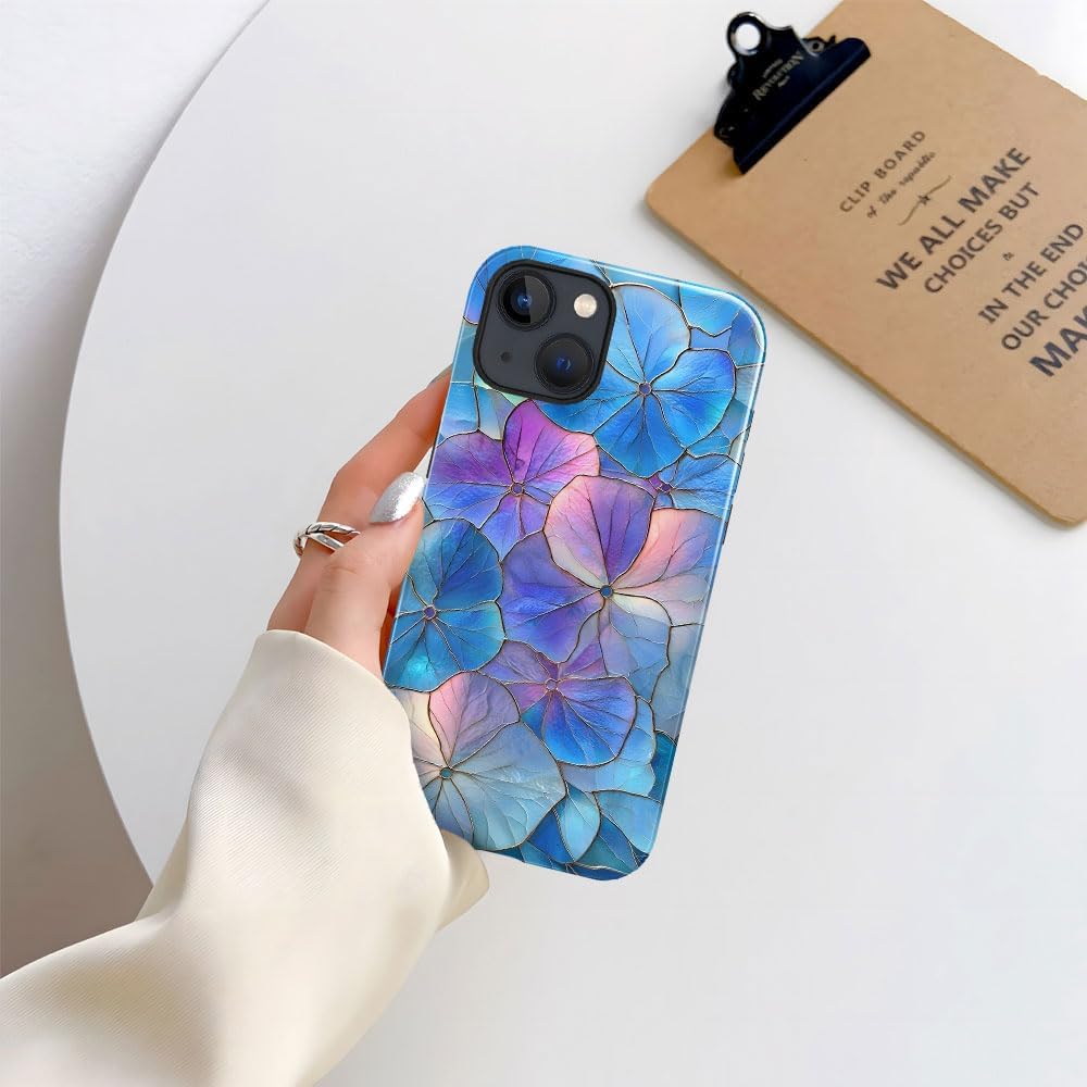 Case for iPhone 13 - Slim Fit Anti-Scratch Phone Case for Girl Women - Blue Hydrangea Floral Stained Glass Aesthetic (Glossy)