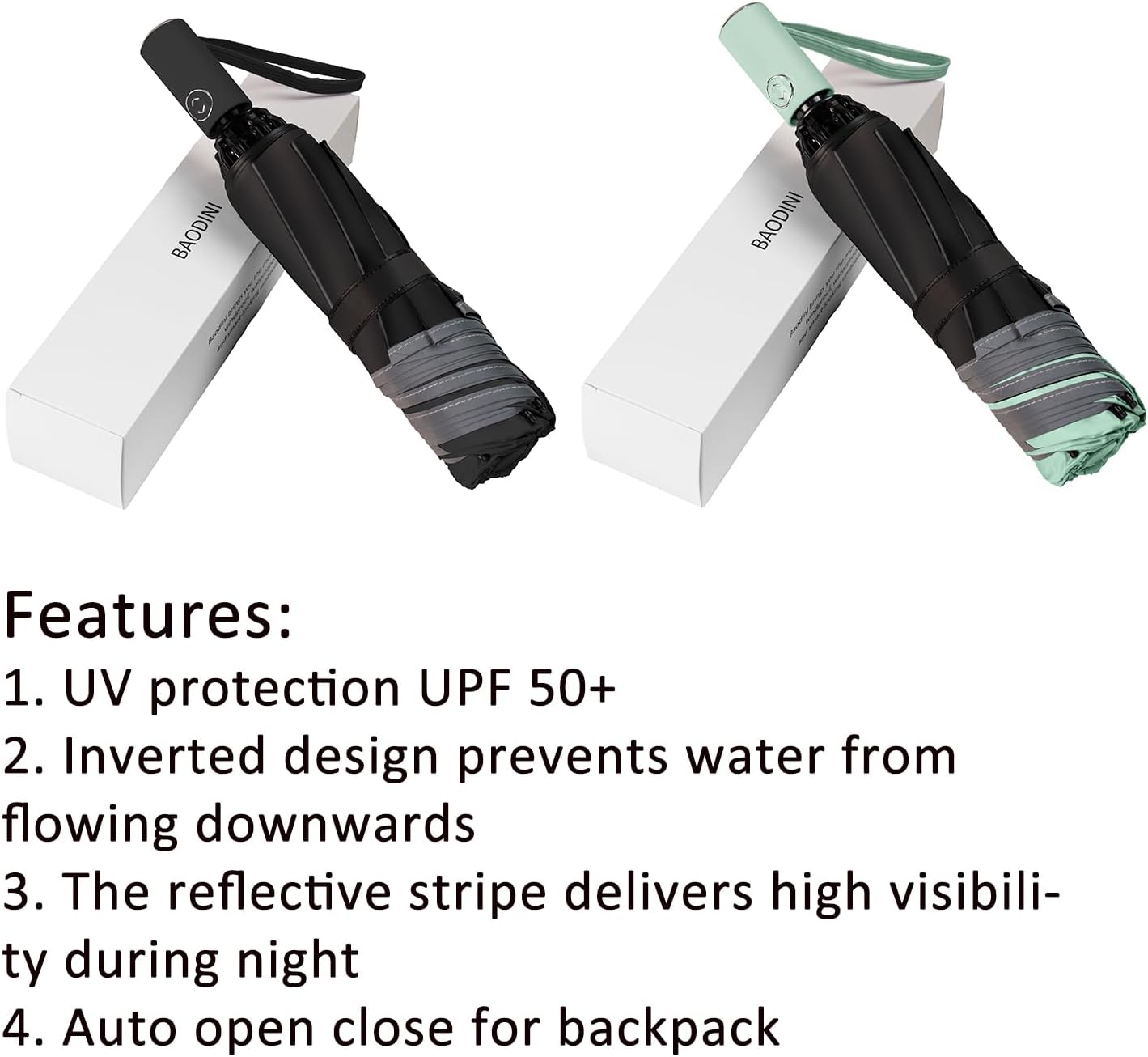 BAODINI Inverted UV Umbrella for Rain and Sun Medium Size UPF 50+ Rverse Compact Umbrella Auto Open Close