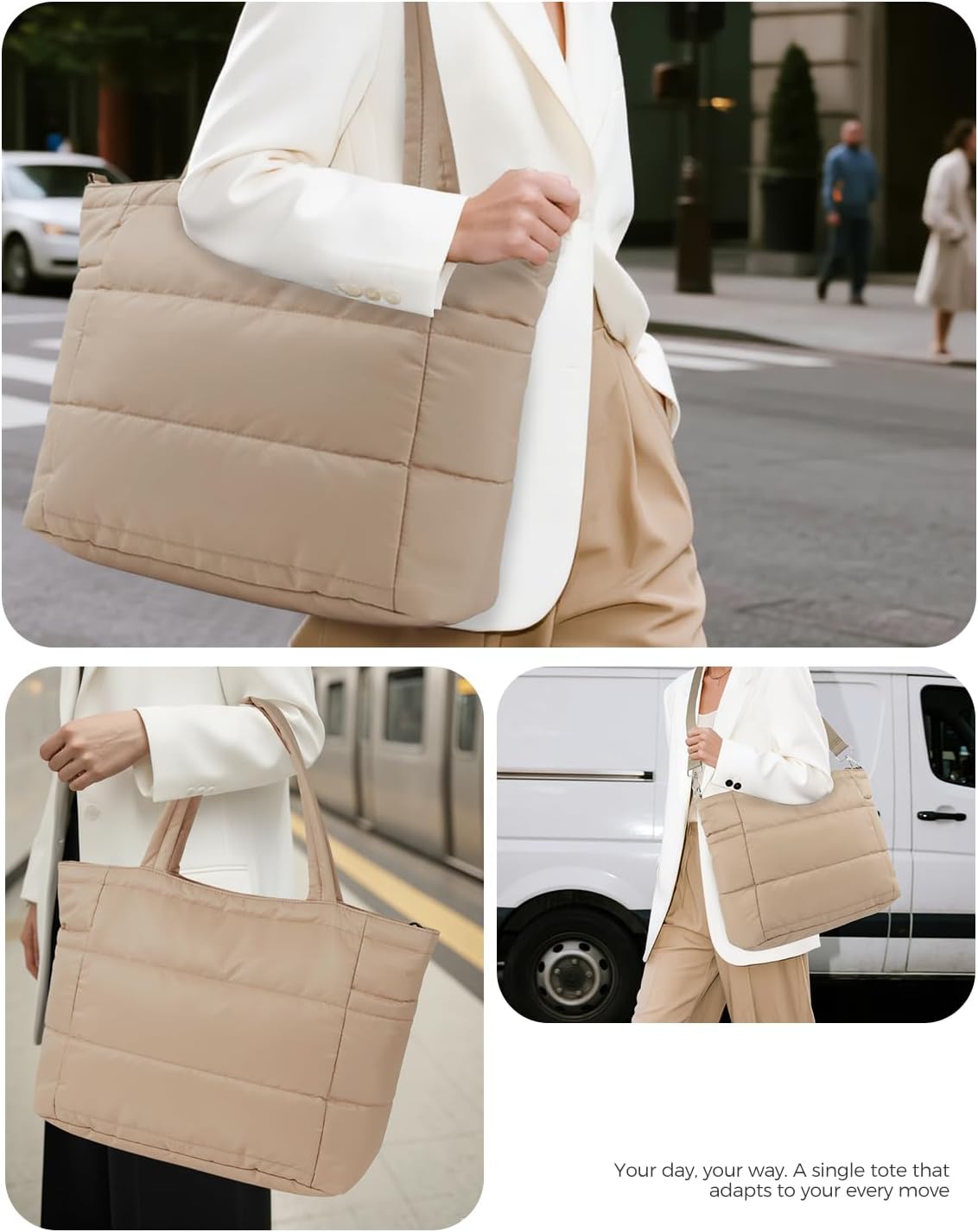 Puffer Tote Bag for Women, Lightweight Quilted Work Purse with Phone Pocket Fits 15.6" Laptop for Nurse Teacher Travel