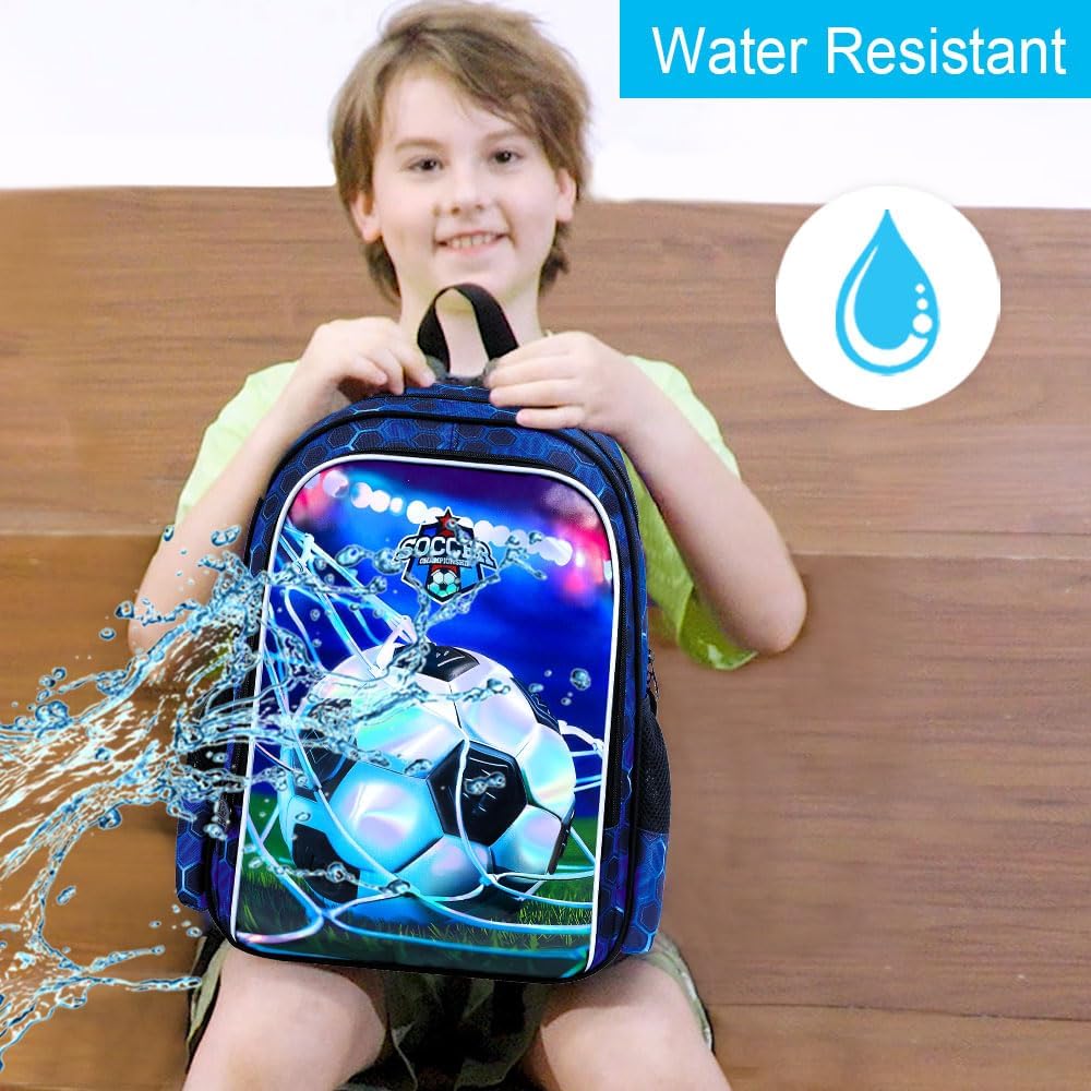 gxtvo 3PCS Soccer Backpack for Boys, 16" Kids Football Bookbag with Lunch Box, Water Resistant Elementary Preschool Toddler School Bag