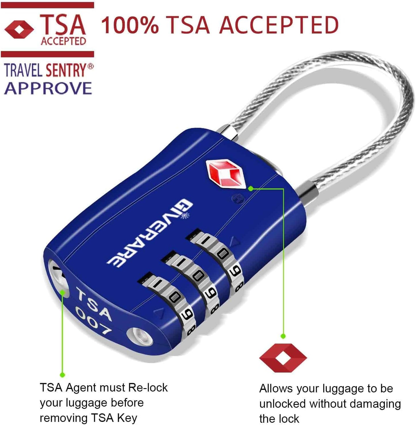 GIVERARE 2 Pack TSA Approved Luggage Locks, Combination Travel Cable Lock, Re-settable 3-Digit