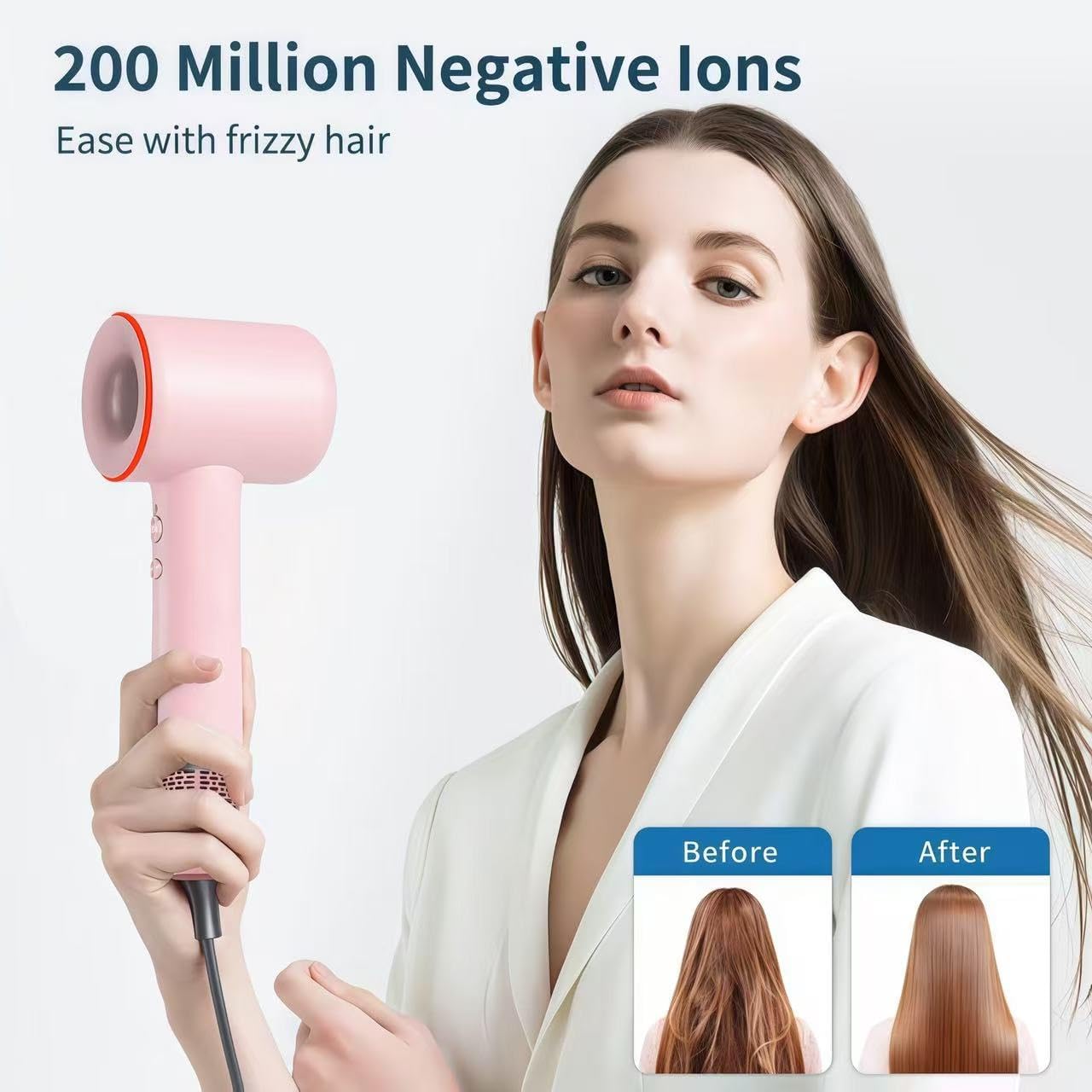 High Speed Hair Dryer,200 Millions Negative Ionic Blow Dryer,Powerful 1500W Fast Drying Low Noise Blow Dryer,Temperature-Control Hairdryer with Diffuser & Nozzle (Pink)