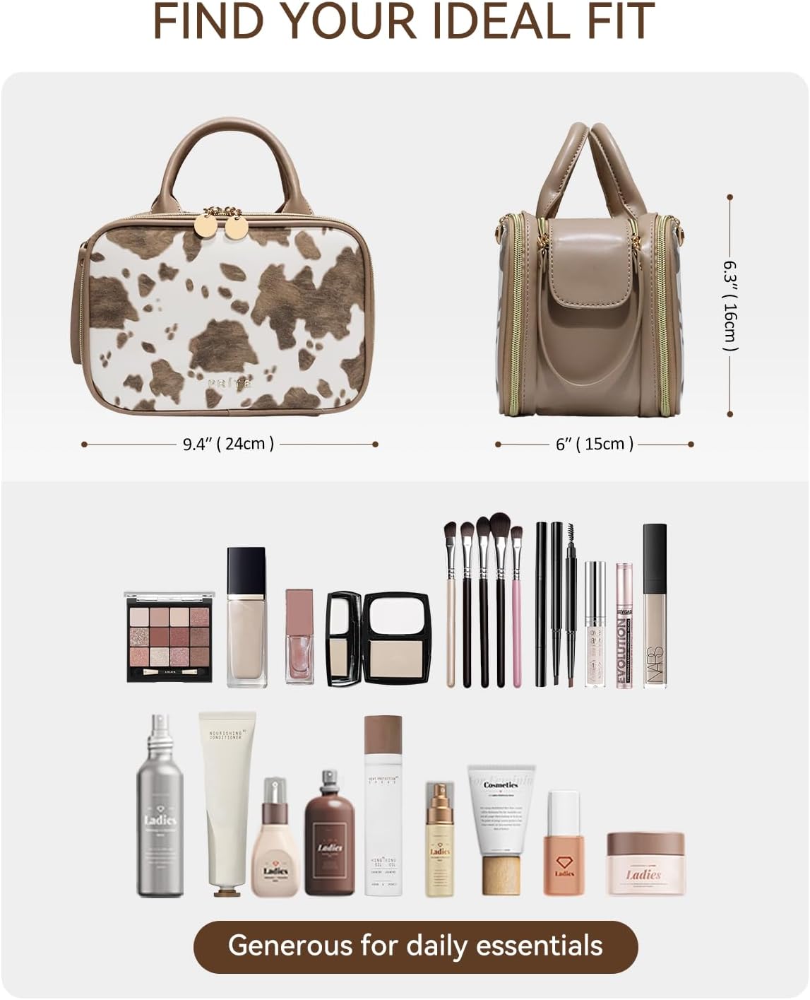 Prite Makeup Bag for Women, Large Capacity Waterproof Travel Cosmetic Organizer, Portable Open Flat Toiletry Bag with Free-standing Brush Holder and Handle(Cow Print Medium)