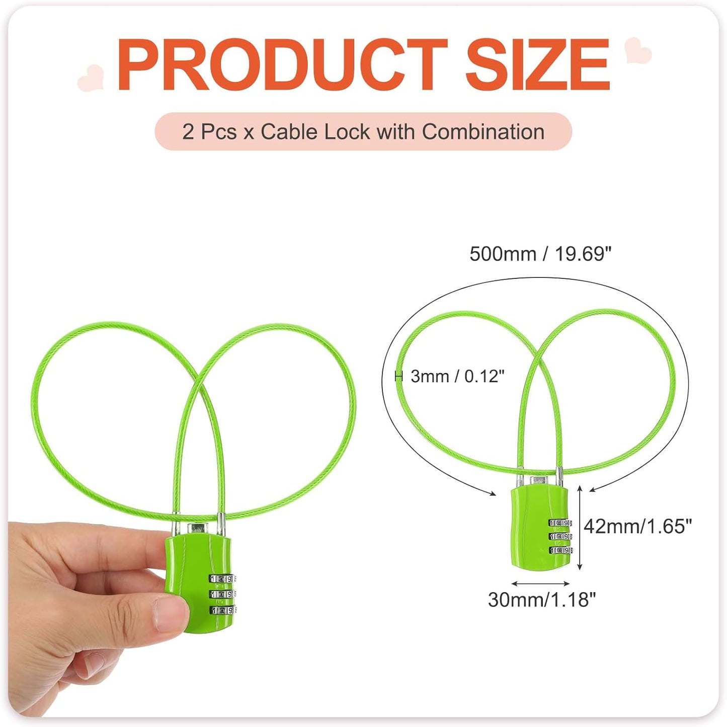 MECCANIXITY 2 Pcs Luggage Travel Lock, 3 Digit Cable Combination Lock 1-3/16" Width Body with 20" Long Cable for Suitcase Bag Cabinets Small Fences Gym, Green