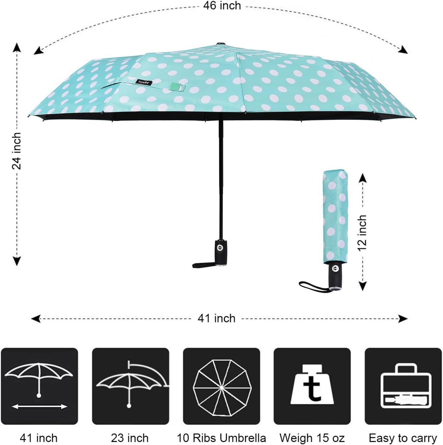 Agaric Cute Polka Dots Large Travel Umbrella for Rain & Sun, 46” UV Protection Auto Open Close Waterproof Folding Umbrella Windproof Compact Umbrella