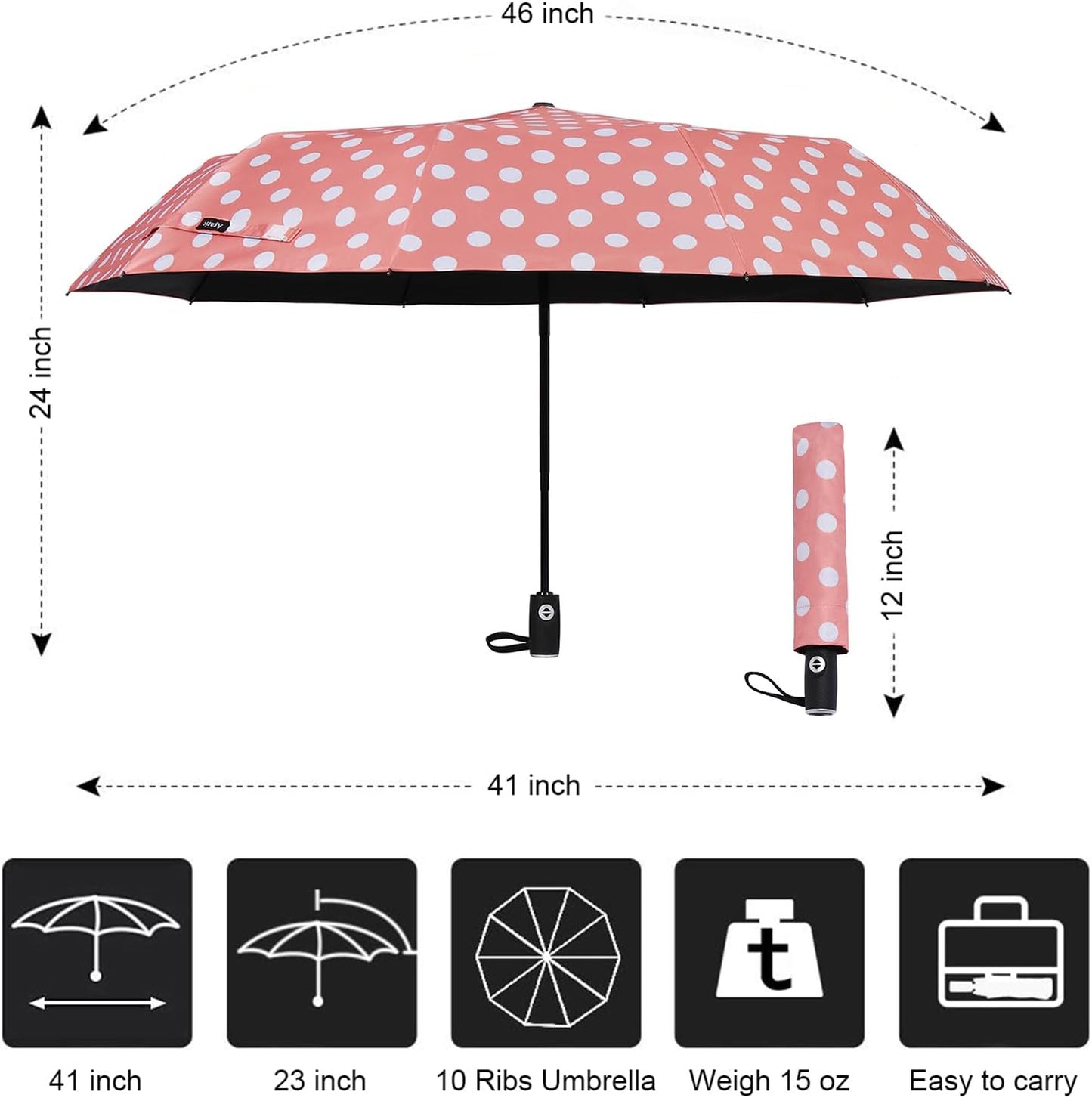 Agaric Cute Polka Dots Large Travel Umbrella for Rain & Sun, 46” UV Protection Auto Open Close Waterproof Folding Umbrella Windproof Compact Umbrella
