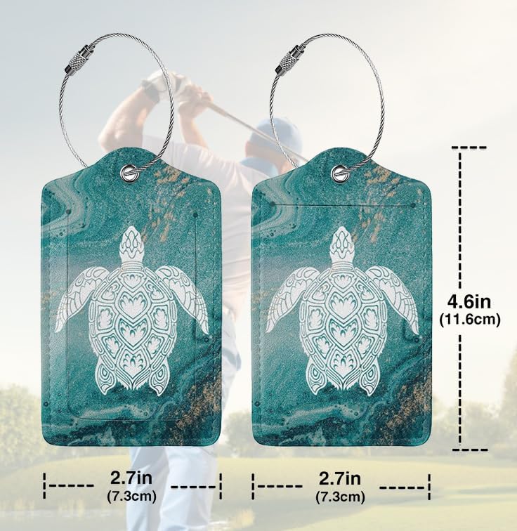2 Pack Luggage Tag Green sea Turtle Travel PU Cute Leather Luggage Tag Name ID Labels with Privacy Cover Suitcases Women Men Girls Boys Fun Laggage Tags (Green sea Turtle)