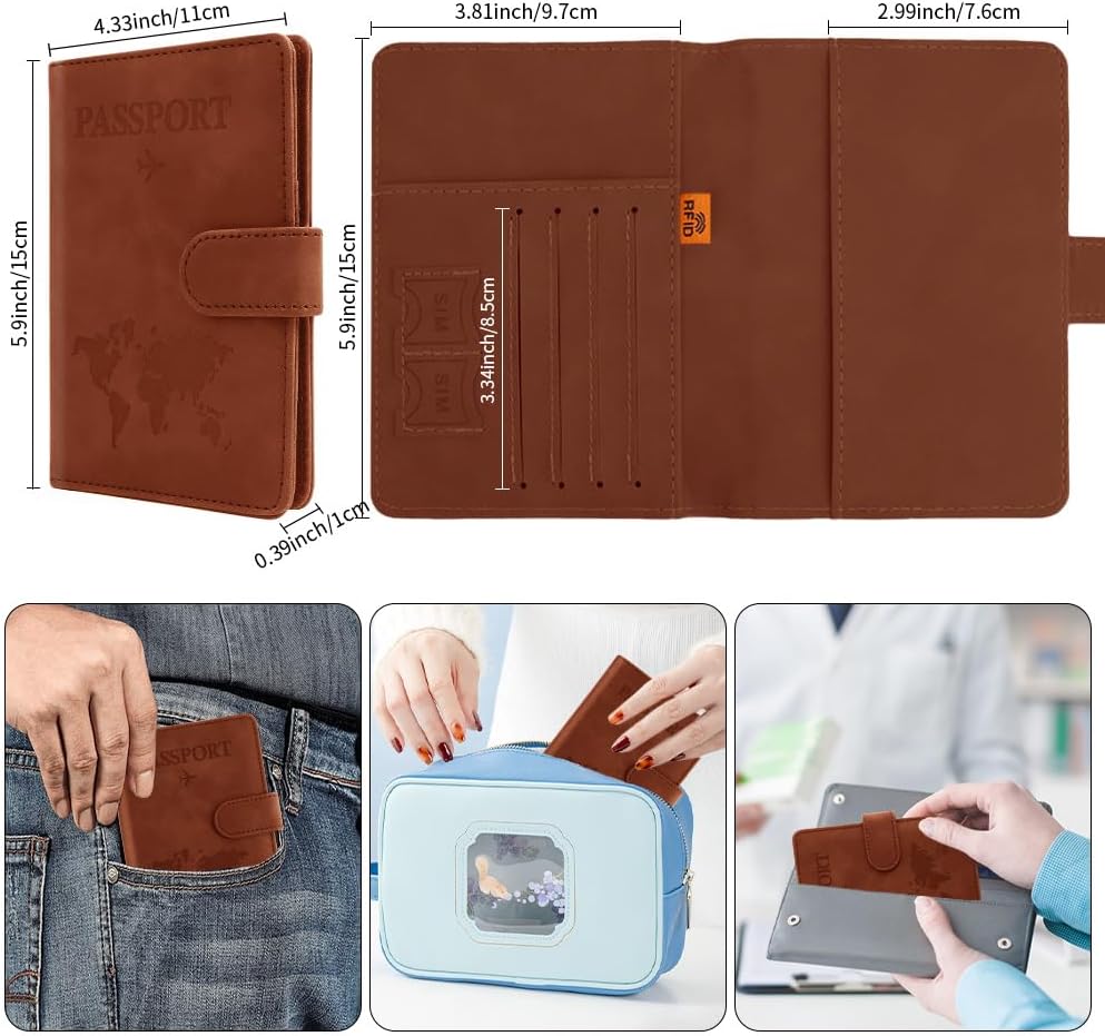 Passport Holder for Travel, Passport Cover Wallet, Premium PU Leather Passport Book Card Holder Case for Women Men, Waterproof RFID Blocking Flying Travelling Essentials Vacation Must Haves, Brown