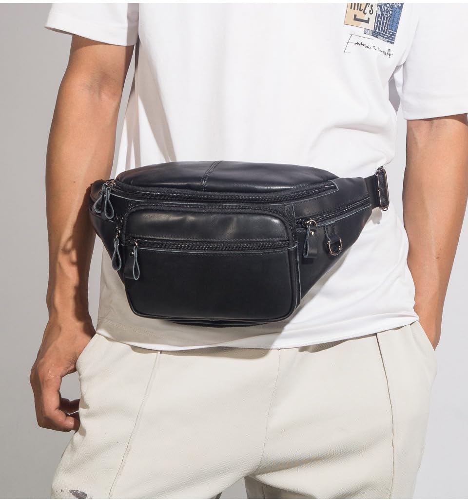 Genuine Leather Fanny Pack for Men Crossbody Chest Bag Outdoor Sports Waist Pack High Capacity Sling Bag (Black)