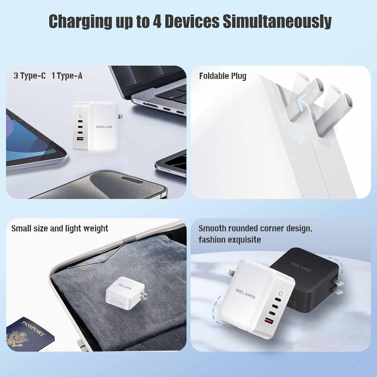 BELAROI 140W USB C Wall Charger Block, PD 3.1 4-Port GaN Charger, 140W Foldable Fast Charging Block, Small Size and Light Weight for iPhone, Galaxy, iPad and More (White)