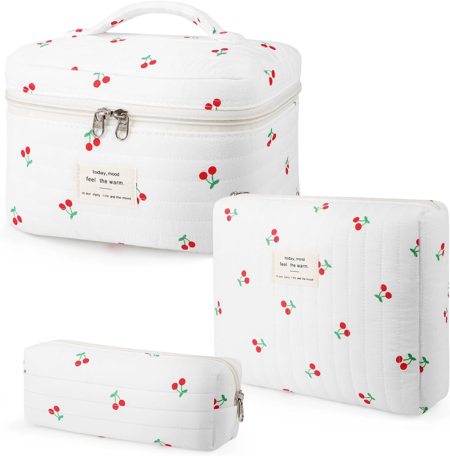 3Pcs Cotton Quilted Makeup Bag for Women Girls, Large Floral Cosmetic Bag Set Cute Makeup Brushes Aesthetic Accessories Storage Bag Cherry Travel Toiletry Bag Organizer
