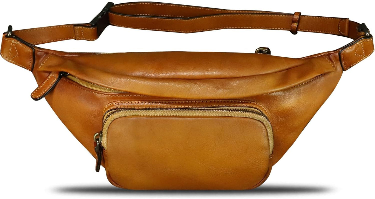 Genuine Leather Fanny Pack for Women and Men Real Leather Crossbody Sling Bag Fashion Waist Bag Chest Purse Pouch (Brown)