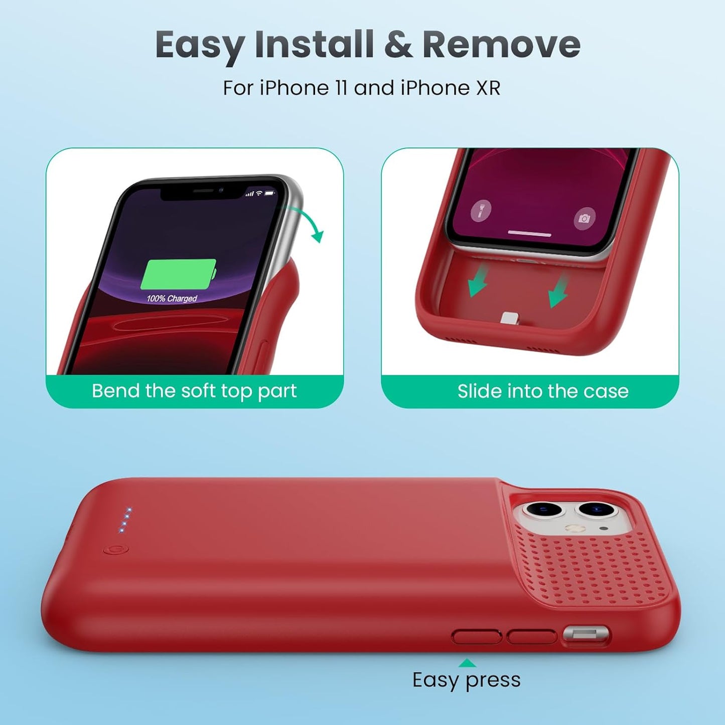 Battery Case for iPhone 11/XR (6.1inch),Upgraded 7500mAh Slim Portable Charger Case Cover,External Battery Pack Charging Case with Tempered-Glass Screen Protector for iPhone 11/iPhone XR (Red)