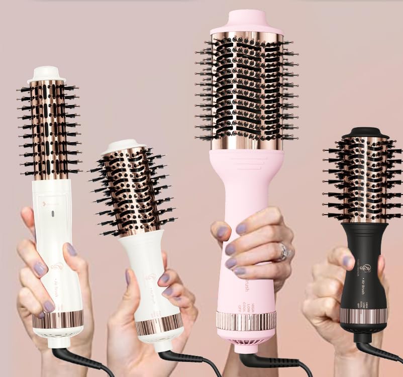 Big Size Dual Voltage Hot Air Brush Dryer, 4 in 1 Ionic Blowout Hair Dryer Brush & Styler Volumizer with 75MM Oval Titanium Barrel for Long & Thick Hair