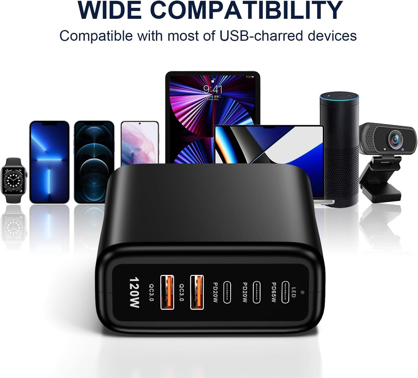 USB c Charger Block 120w Multi 5 Port Charger Block with USB Type c qc3.0 Family-Sized Hub USB Strip Compatible with iPhone Android Smartphone