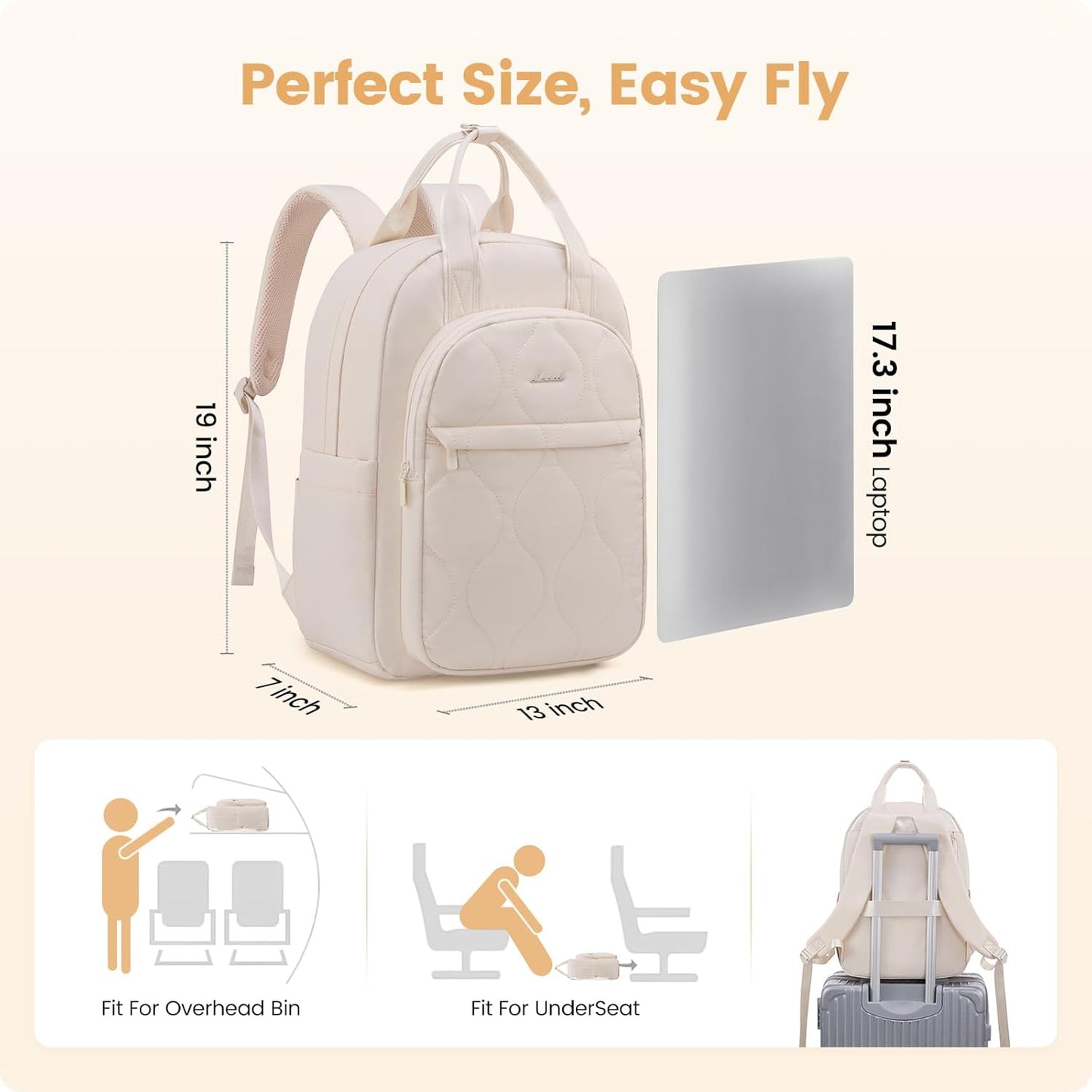 LOVEVOOK Laptop Backpack for Women, College Travel Backpack Puffer Womens Backpack for 17.3 Inch Laptop, Water-Resistant Quilted Casual Daypack, Beige
