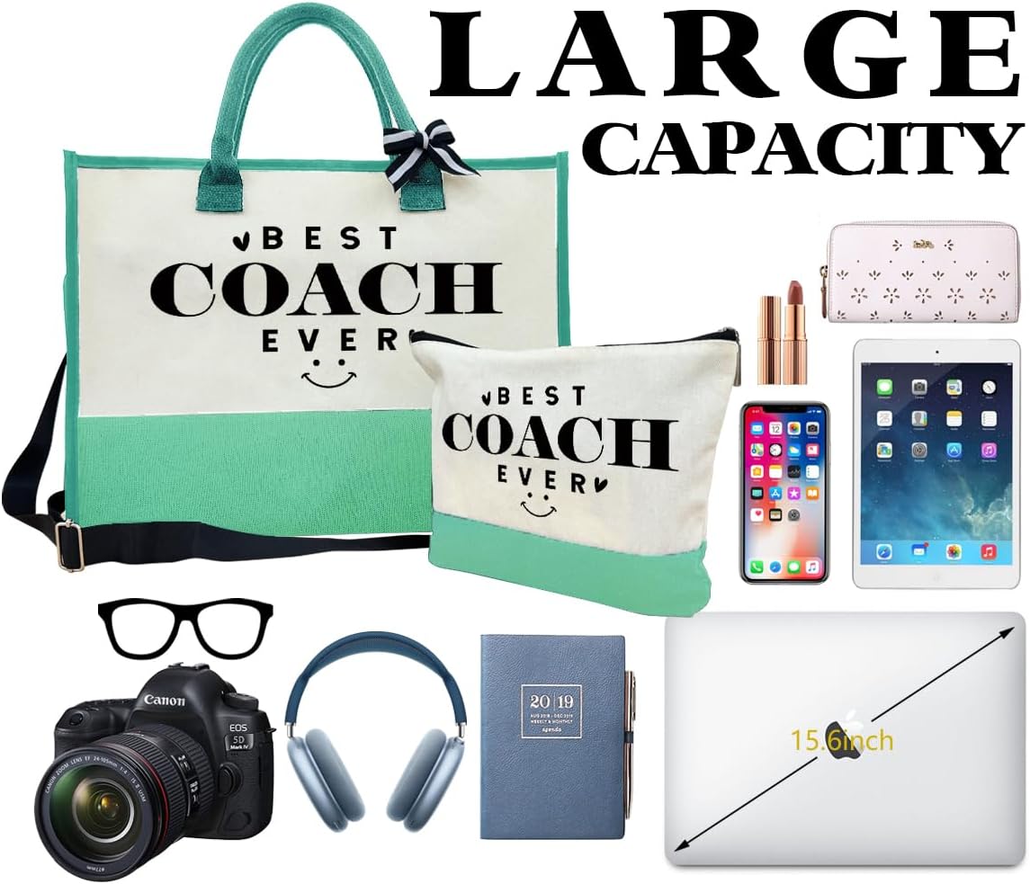 SUSZDOU Gifts for Best Coach Ever - Canvas Beach Tote Bag with Matching Makeup Pouch, Durable Travel Gym Camping Bag, Thank You Gift for Sports Coach, Female Trainers Gifts for Women H1