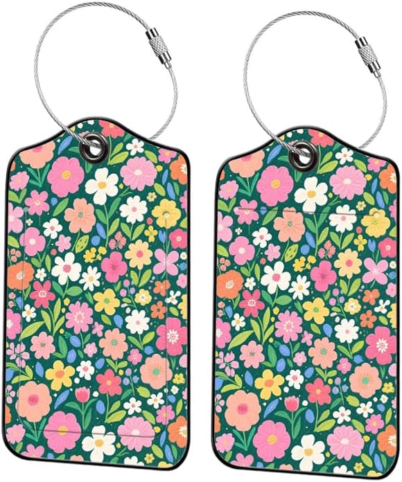 2 Pack Wildflower Leather Luggage Tags for Suitcases, Travel Bag Tags with Privacy Cover ID Label with Stainless Steel Loop for Women Men Girls Backpack Gift (Green Pink)