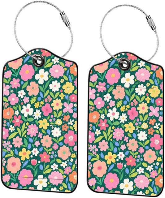 2 Pack Wildflower Leather Luggage Tags for Suitcases, Travel Bag Tags with Privacy Cover ID Label with Stainless Steel Loop for Women Men Girls Backpack Gift (Green Pink)