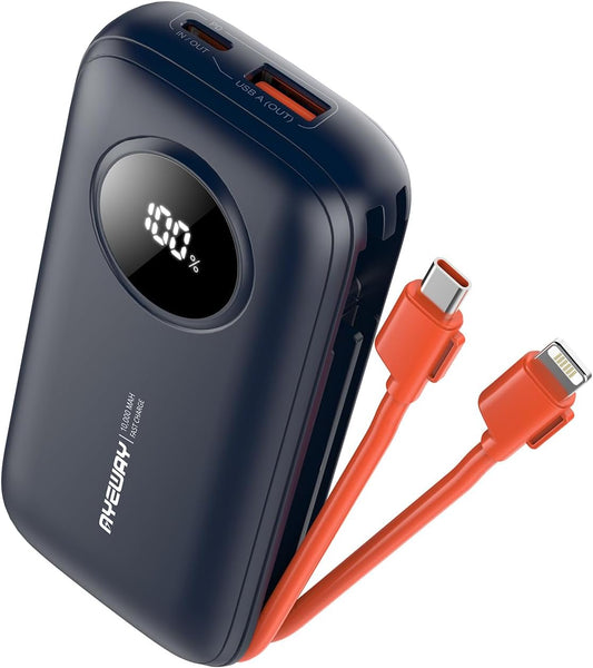 Ayeway Lightweight USB C Battery Pack with Built in Cables,10,000mah Portable Charger High Speed Charging Power Bank with 4 outputs,External Battery Phone Charger for iPhone,Samsung,5V Heated Vest