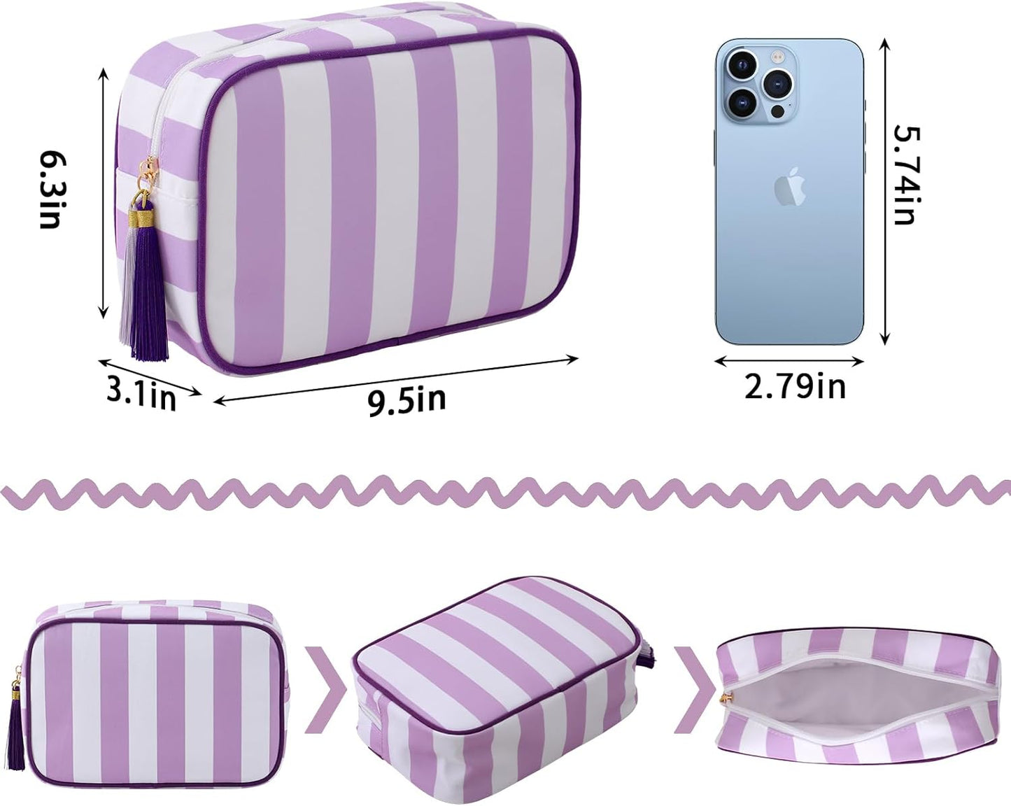 Stripe Makeup Bag Travel Cosmetic Bag Organizer Tassel Toiletry Bag Large Canvas Zipper Pouch and Accessories Storage Bag for Women