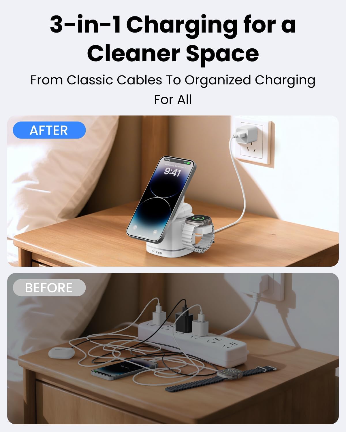 Gitryin 3 in 1 Foldable Wireless Charging Station for Apple Devices, Faster Nightstand Magnetic Charger Stand, Desk Accessory for iPhone 17/16/15/14/13/12, Apple Watch, AirPods