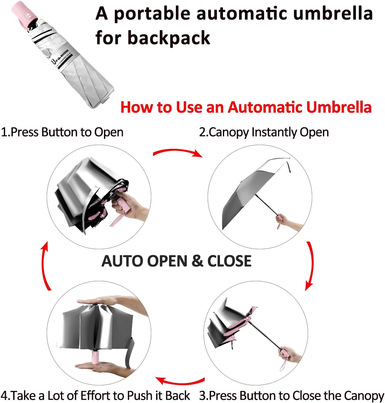 BAODINI Small UV Protection Travel Umbrella Compact for Rain and Sun UPF 50+ Windproof Portable 42 inch Umbrella for Women and Men