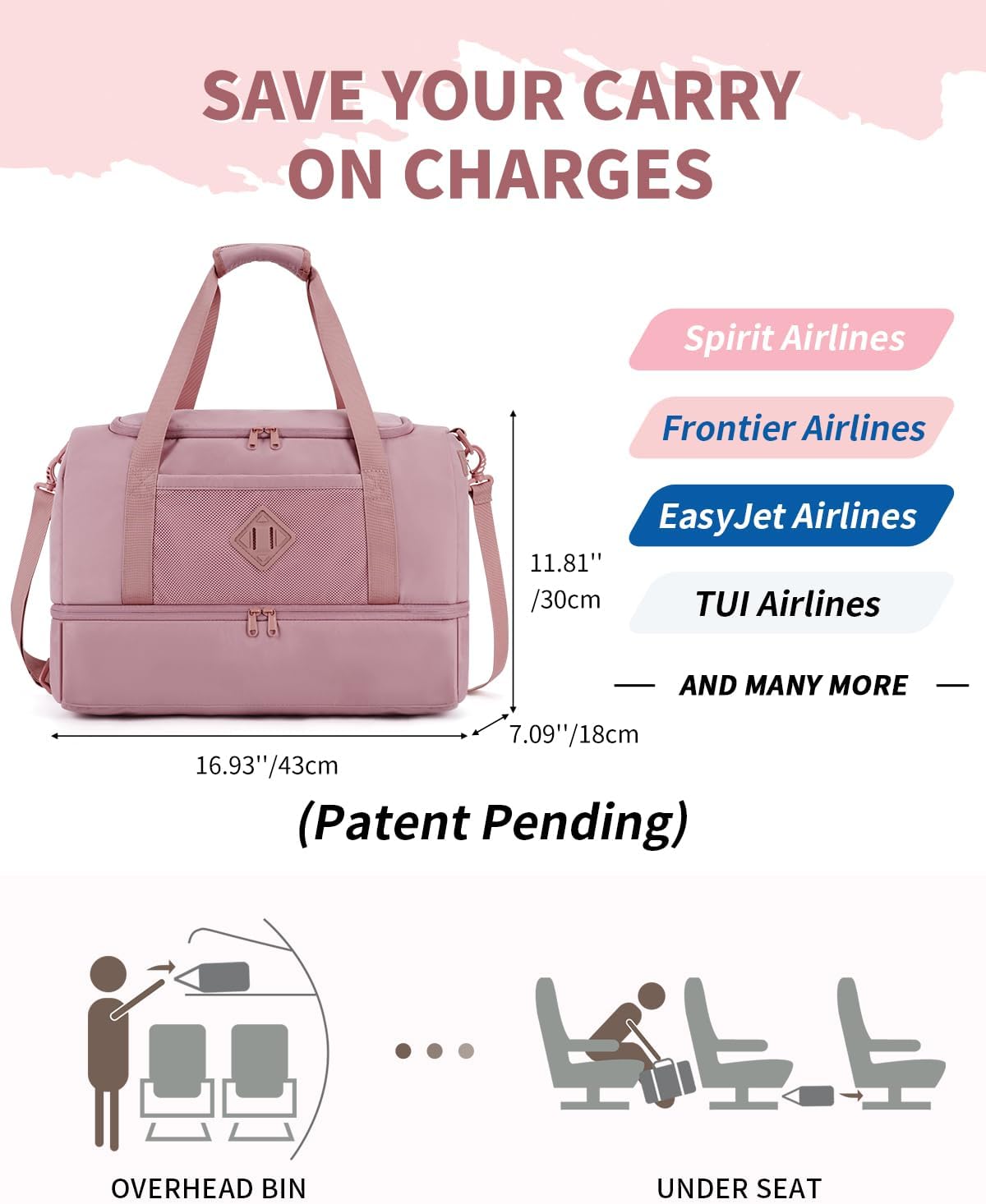 WANDF Travel Duffel Bag with Wet Pocket & Shoe Compartment, 18x14x8 Personal Item Bag with USB Charging Port, Water-Resistant Gym Weekender Overnight Carry-on for Women Men (Pink)