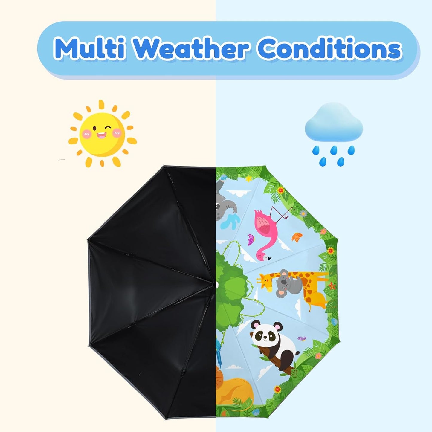 Autoamtic Kids Umbrella UV Resistant, Folding Compact Umbrella 360° Reflective Strip for Travel Outdoor, Lightweight Cute Kids Parasol Anti-rebound Safe for Toddler