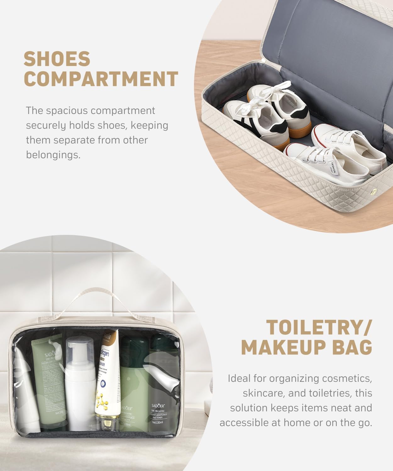 Duffle Bag for Travel, Weekender Bag with Shoe Compartment, Carry On Overnight Bag for Women with Toiletry Bag Duffel Bags with Wet Pocket for Gym Hospital Bags for Labor and Delivery Beige