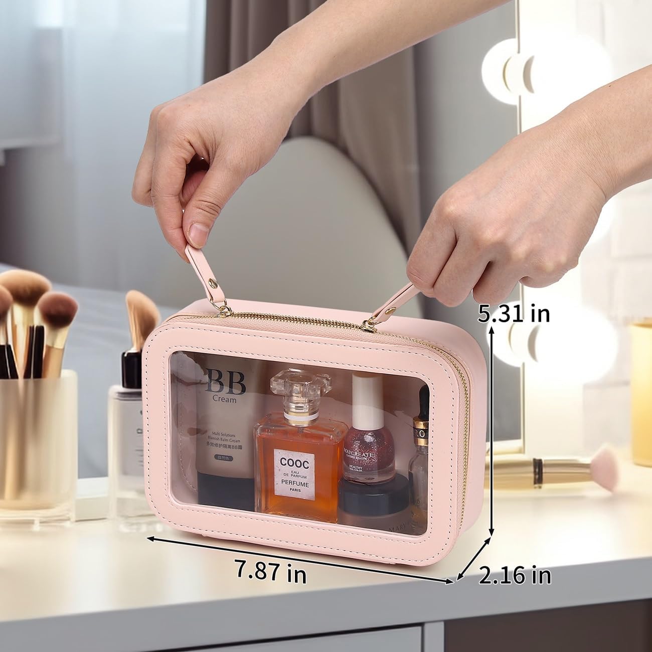 Clear Makeup Bag Small Cosmetic & Toiletry Bag Waterproof Travel Case Women's Pouch Organizer Makeup Bag for Car with Zipper (Pink, Small-1)