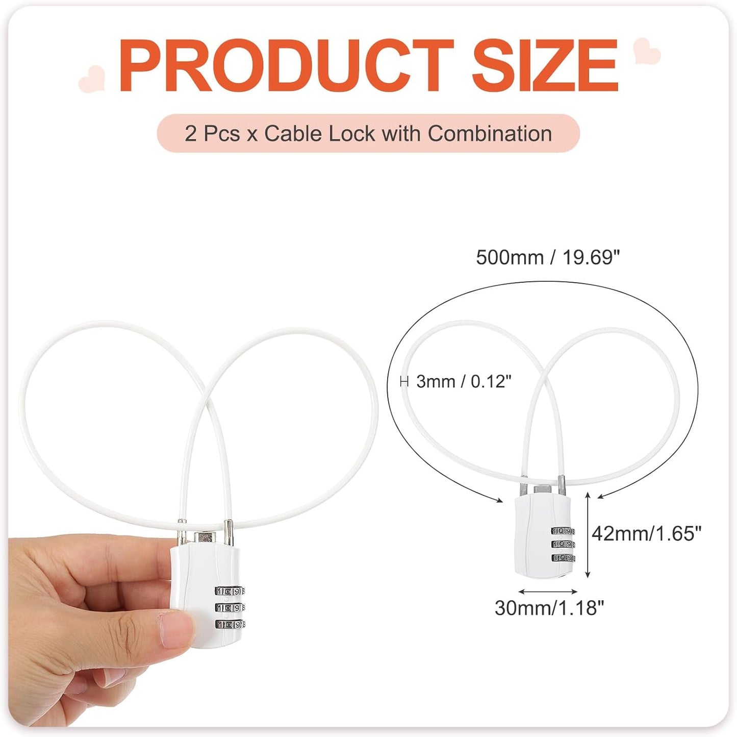 MECCANIXITY 2 Pcs Luggage Travel Lock, 3 Digit Cable Combination Lock 1-3/16" Width Body with 20" Long Cable for Suitcase Bag Cabinets Small Fences Gym, White