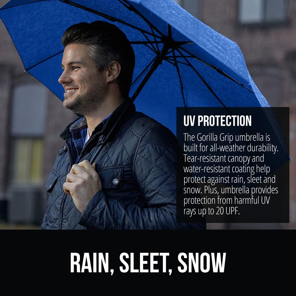 GORILLA GRIP Strong Windproof Stick Compact Umbrella for Rain, One-Click Automatic Open and Close, Durable Quick Dry Waterproof Material, Lightweight and Portable, Travel Size Fits Backpack, Navy