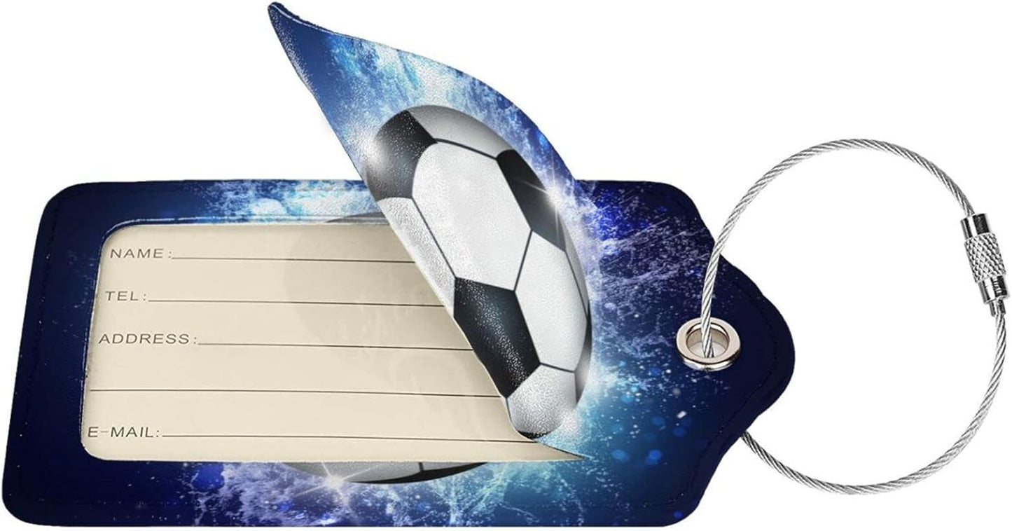 2 Pcs Kids Adults Soccer Luggage Tags for Suitcases for Sport Boys Men Women Girls, Leather Bag Labels Baggage Tag for Travel Business with Stainless Steel Loop & Name ID Privacy Cover