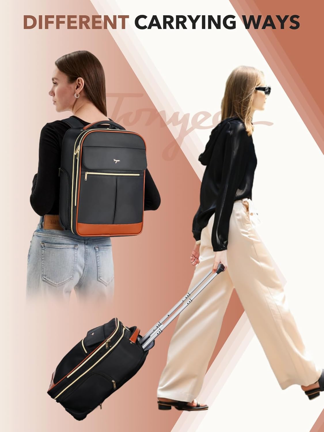 Rolling Backpack for Women, Large Travel Backpack with Wheels Carry on Flight Approved, 17 Inch Laptop Wheeled Roller Bag Suitcase Luggage for Work Bussiness Weekender (Black,L Underseat Size)