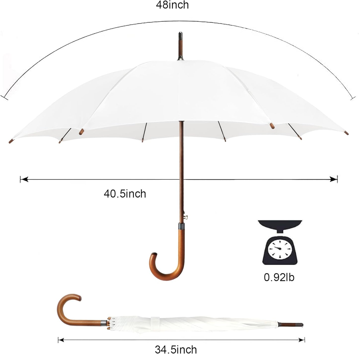 SoulRain 48" White Stick Umbrella – Large Windproof Wedding Umbrella for Rain, Automatic Open, Vintage Cane Umbrella with Wooden Handle & Shaft, Elegant Parasol for Women & Men(White)