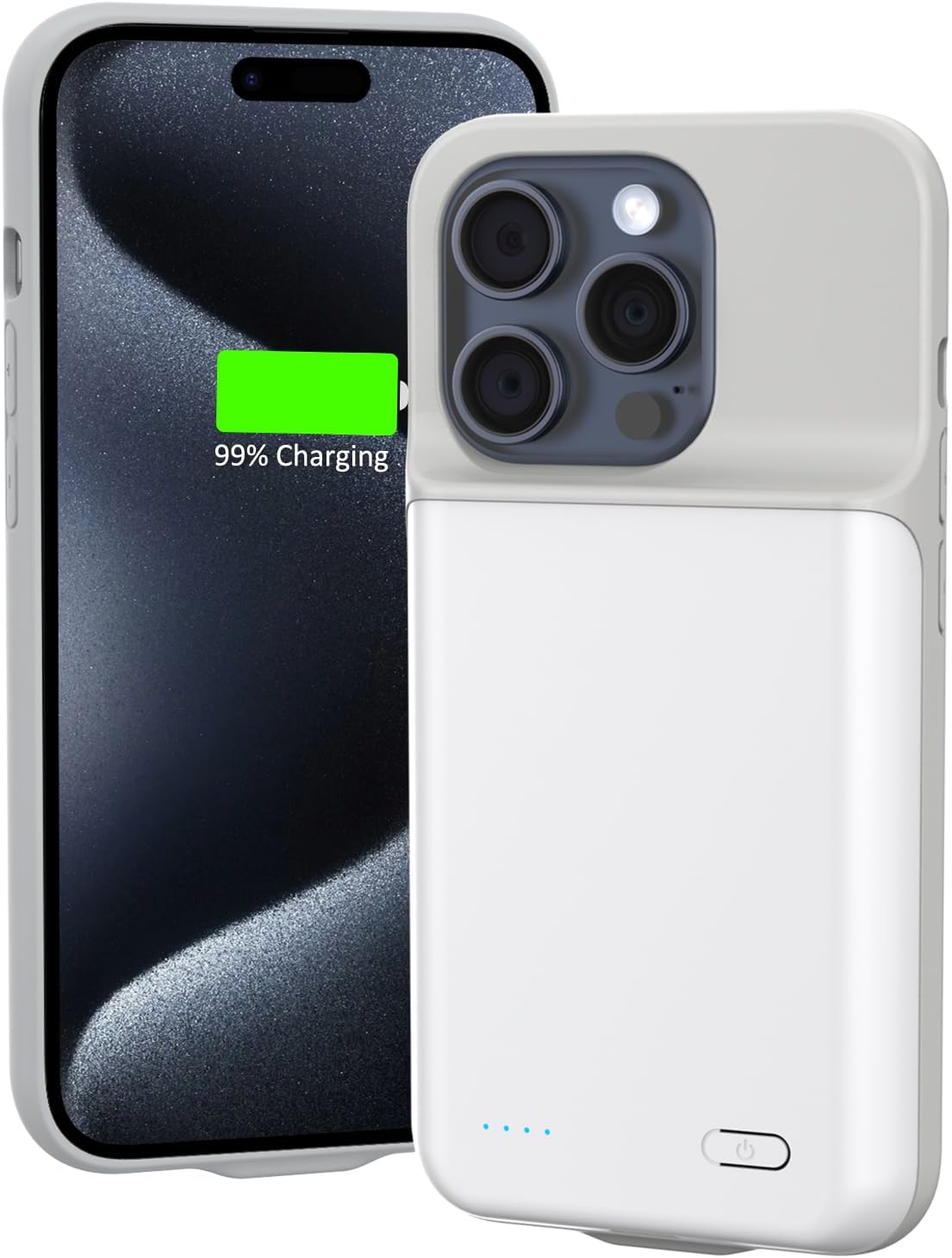 Charging Case for iPhone 15 Pro Max, Ultra Slim 8500mAh Rechargable Battery Case Charger Protective External Lightweight Smart Battery Pack Compatible with 15 Pro Max, 6.7 inch, White