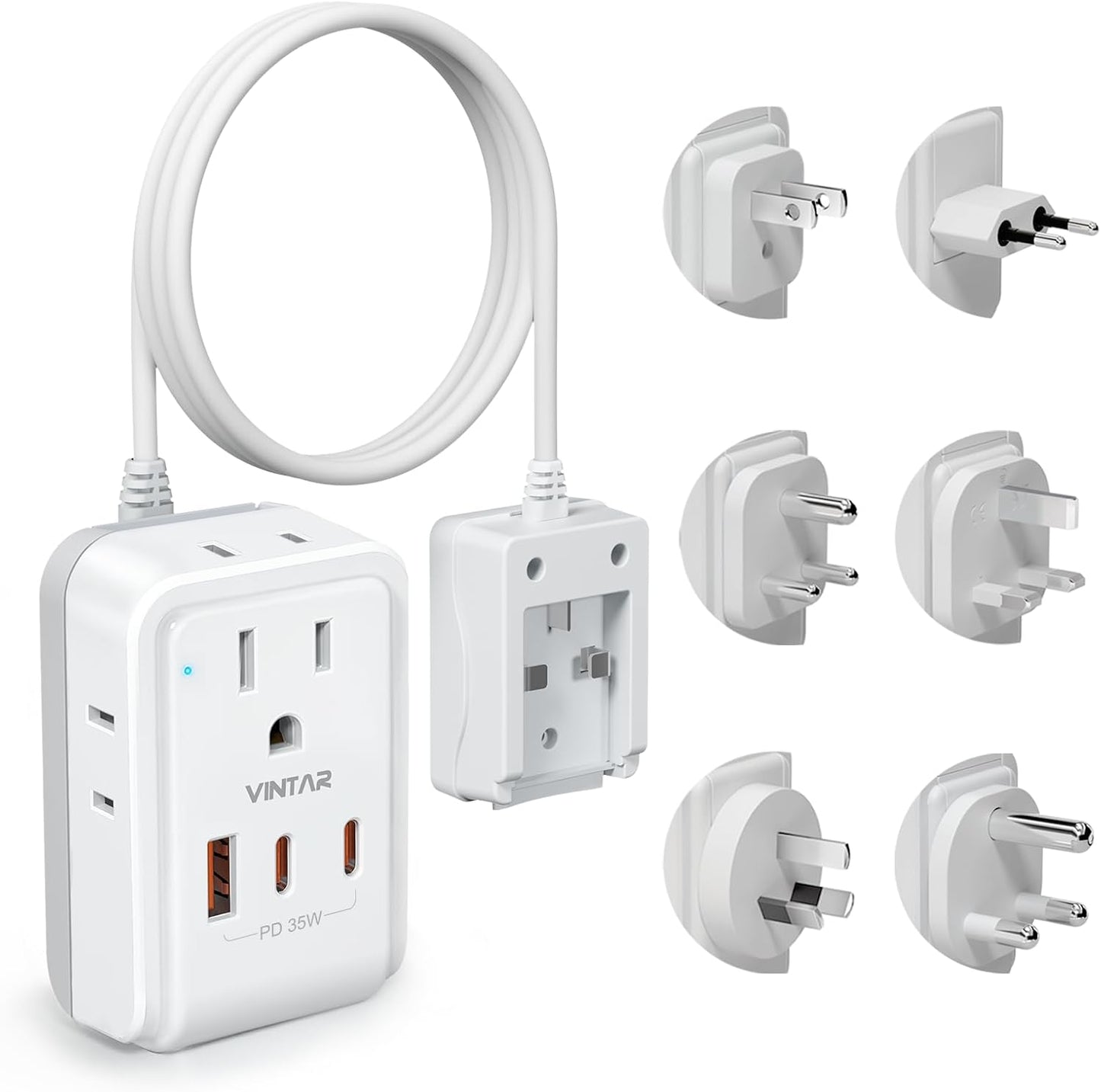 Universal Travel Adapter Kit, VINTAR 35W 5FT Detachable Extension Cord with 4 AC and 3 USB Ports(2 USB-C), Type A, C, D, G, I, M International Power Adapter for EU/India/South Africa