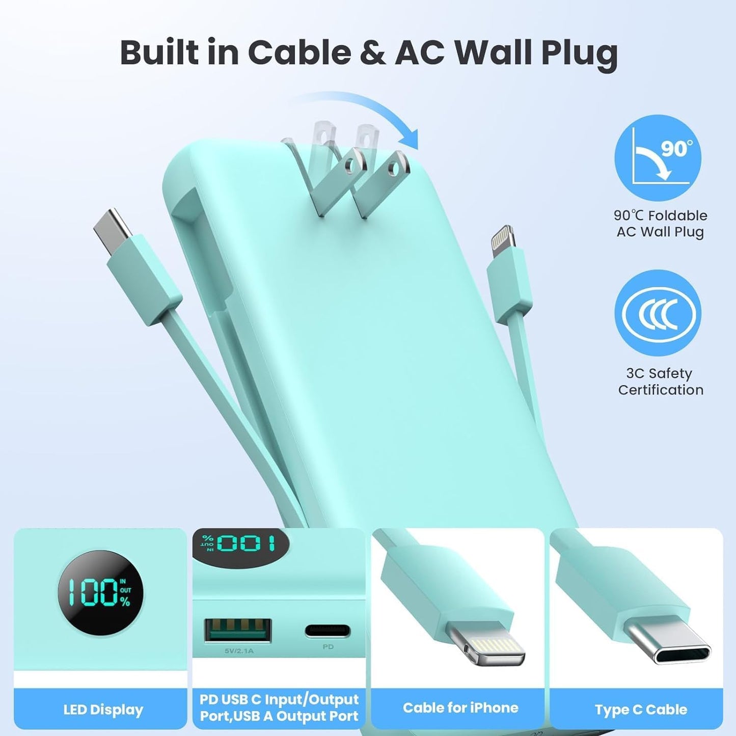 Portable Charger 13800mAh Slim USB C Power Bank with Built in Cables and Wall Plug,LCD Display Lightweight Travel Battery Pack,PD Fast Charging Compatible with iPhone 17,16,Samsung Android-Green