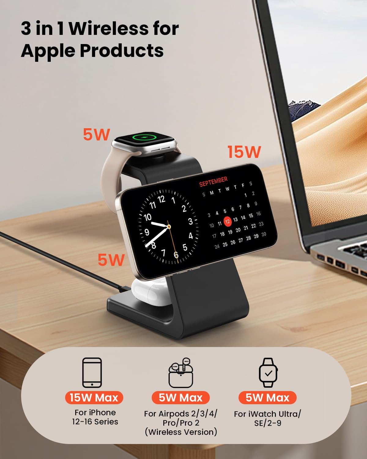 Magsafe Wireless Charging Station for iPhone: 3 in 1 15W Magnetic Portable Desktop Charging Station Qi2 Certified Charger Stand for iPhone17/16/15/14/13/12 Series, Apple Watch, AirPods 4/3/Pro